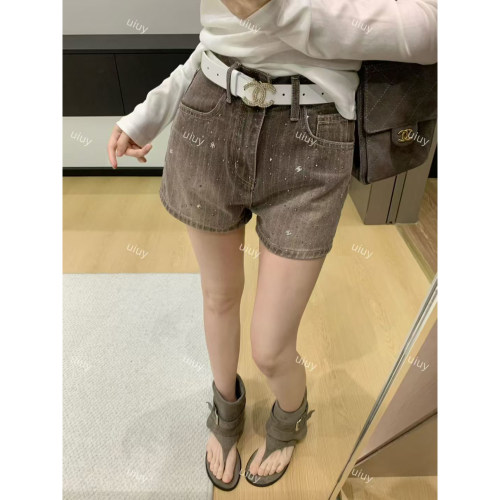 辣妹做旧烫钻高腰阔腿牛仔短裤女