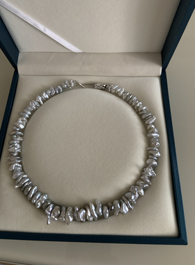 全新真科研极浅银白色keshi叠打花环无核珍珠项链【不退不换】