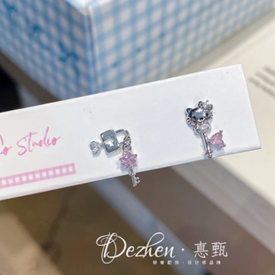 KT星锁猫猫头钥匙星星钛钢耳骨钉耳钉免摘平底钛钢耳钉耳饰品女