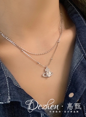 微镶锆石爱心土星碎银子项链女双层叠戴锁骨链女高级感轻奢毛衣链