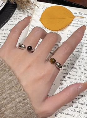 爆款美拉德虎眼石银色戒指女轻奢高级感复古开口叠戴食指戒指环