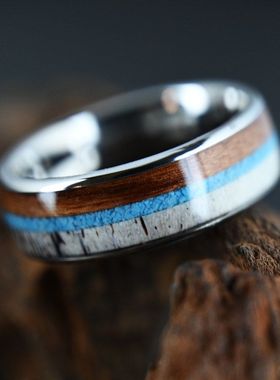 8宽球面钨钢戒指镶鹿角相思木&绿松石精抛光碳化钨戒指高质量婚戒