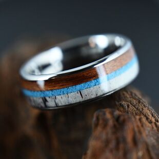 8宽球面钨钢戒指镶鹿角相思木&绿松石精抛光碳化钨戒指高质量婚戒