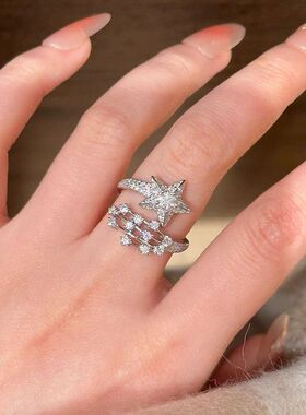 精致重工微镶锆石璀璨流星开口戒指许愿五角星指环时尚轻奢网红戒