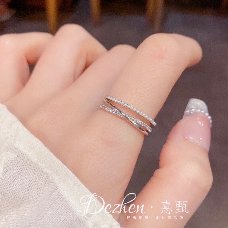 夏季新款简约设计感珍珠镶钻双层交叉指环个性轻奢百搭开口戒