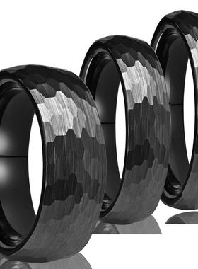 4-6宽现货纯手工打磨砂面捶打纹电黑色钨钢戒指外贸饰品工厂直销