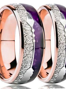 2025新款情侣 钨钢戒指电镀18K玫瑰金镶嵌陨石和天然紫玛瑙轻奢