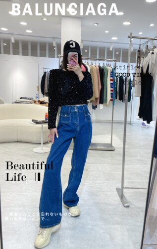 森林forest22冬高腰阔腿前口袋别致吹发直筒拖地宽松牛仔裤时髦