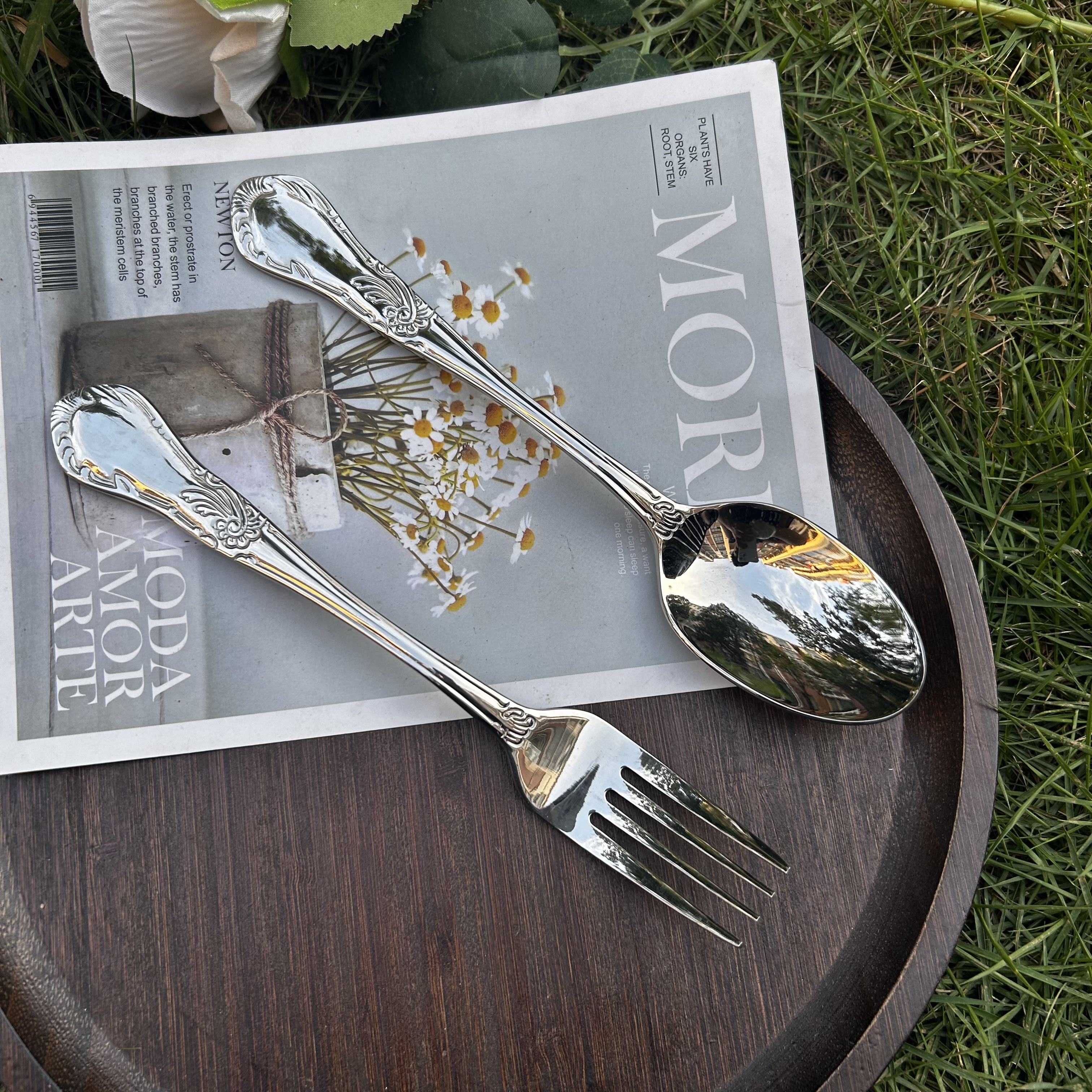 加厚款花朵造型手柄加宽勺头加深不锈钢牛排叉牛排勺主餐更喝汤大