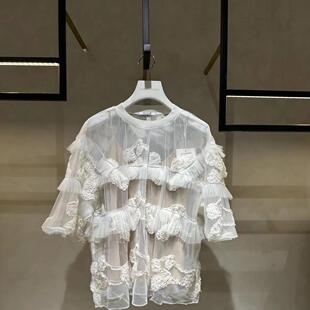 2H2D410折DAZZLE地素国内正品代购2023夏网纱刺绣上衣吊牌2999