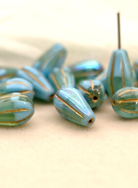 捷克进口琉璃珠13x8mm松蓝绿描金滴瓜珠手工diy串珠耳环手链配件