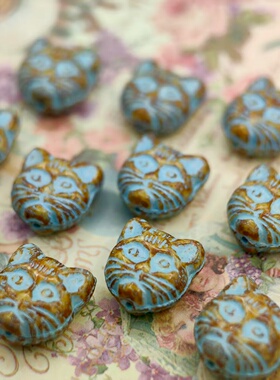 进口捷克珠13mm棕色毕加索描蓝百搭复古猫头玻璃珠DIY串珠材料