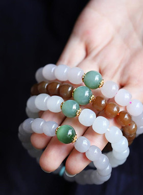 男女式和田玉老型珠手串烟紫白玉藕粉糖色佛珠手链猫眼碧玉手链