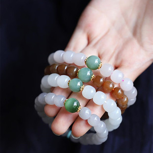 男女式和田玉老型珠手串烟紫白玉藕粉糖色佛珠手链猫眼碧玉手链