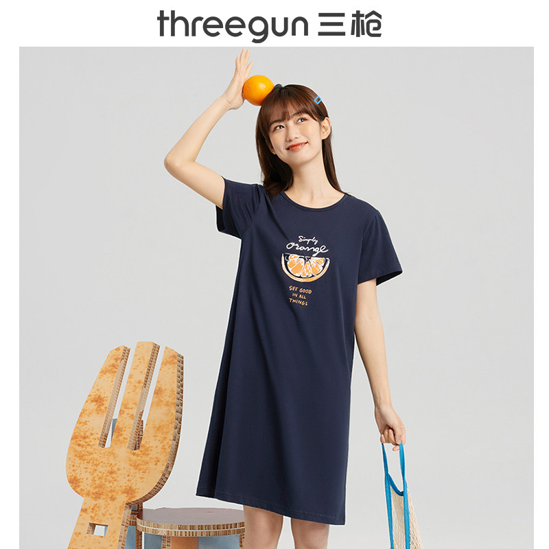 三枪水柔棉女士睡裙夏季2022春夏新品甜美印花宽松透气圆领家居服