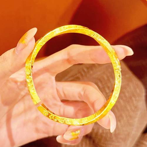 金色色手镯古法金錾刻招财纳福四方吉言手镯大吉大利开口手环女