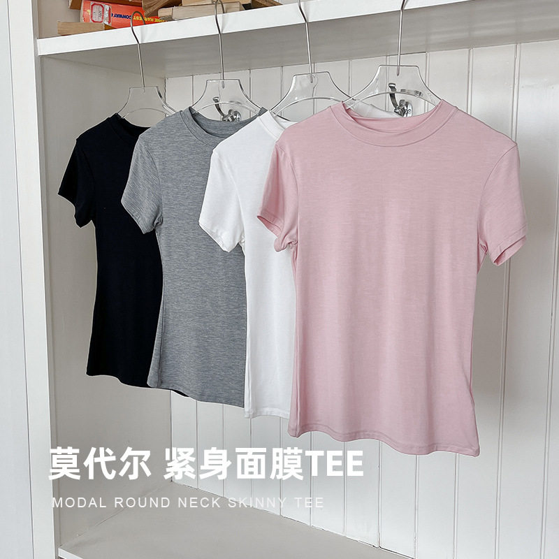 莫代尔圆领短袖T恤女春夏季新款修身显瘦正肩打底欧美风外穿上衣