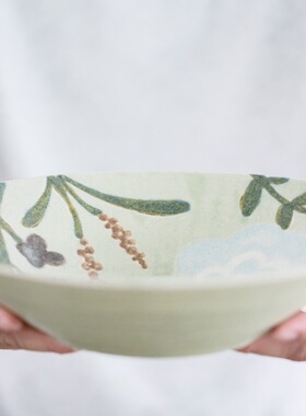 【月器】日本陶艺家冲泽真纪子作品 手绘植物粗陶马克杯 茶杯 盘