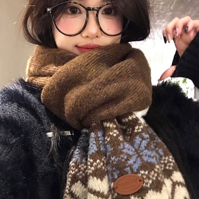 甬制新款尔岛风提花咖色针织围巾女冬季新韩系氛围感加厚保暖围脖