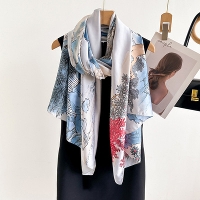 长款丝巾仿真丝印花秋冬女新款时尚洋气高档百搭防晒披肩丝巾女
