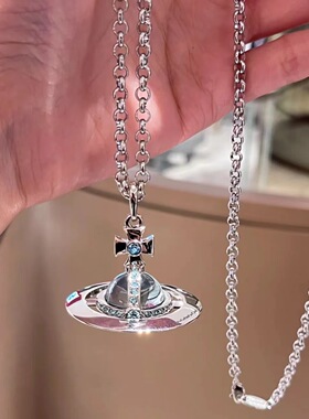 冰川蓝薄荷绿大号立体土星玻璃珠项链星球毛衣链