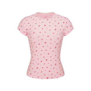 T恤上衣 型简约风女士涤纶圆领碎花粉色弹力紧身短袖 STAY薄款 修身