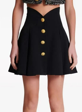 品质2024夏季新款黑色高腰显瘦A字裙百搭半身裙女压褶短裙拉链