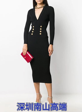 深圳气质V领针织长裙通勤黑色高腰2021秋冬羊毛修身打底连衣裙