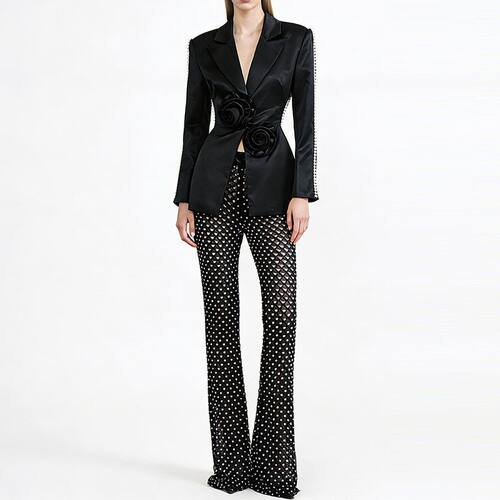 早春镂空钉珠亮片网纱西装套装