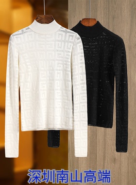 2024春季新款气质通勤套头黑色长袖欧美针织衫半高领打底衫修身