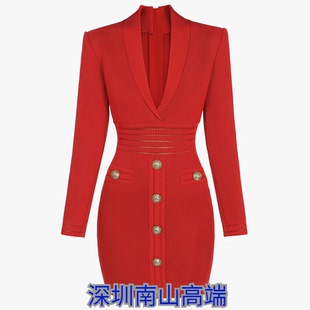 欧美风2020秋冬欧美新款 翻领针织包臀连衣裙 性感V气质狮子扣西装