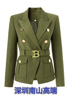 2023春秋新款军绿色修身系带西装立体口袋装饰欧美外套修身气质