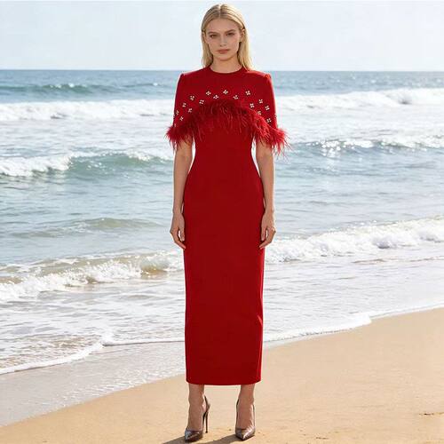 20269新款鸵鸟毛抹胸礼服连衣裙