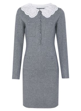 25299现货高品质春秋新款网红修身显瘦刺绣花边领长袖针织连衣裙