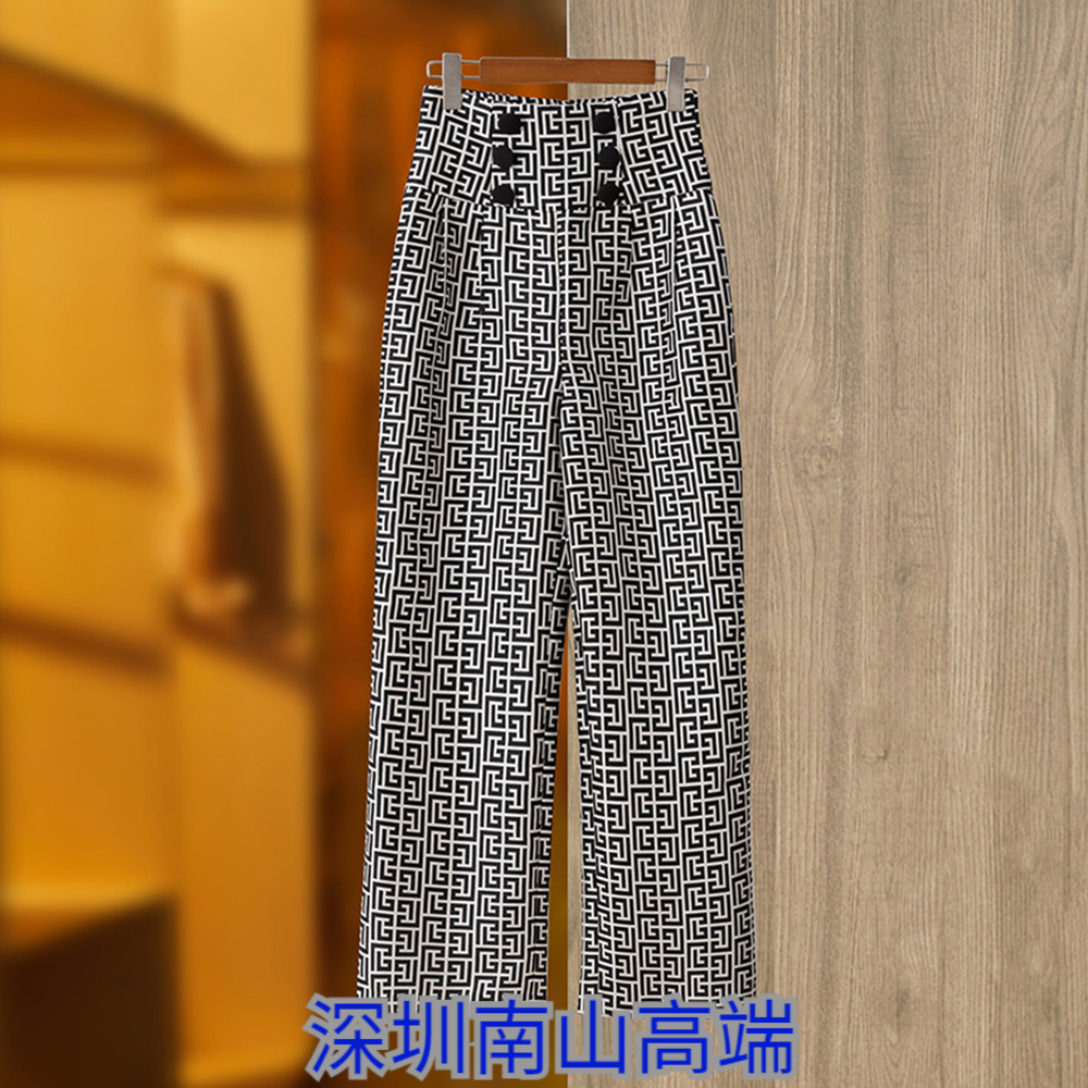 深圳高端2023印花黑白色高腰拉链直筒长裤布包扣休闲女式休闲裤子