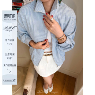 休闲拉链夹克外套 100%棉宽松百搭显瘦翻领竖条纹长袖 RRB Design