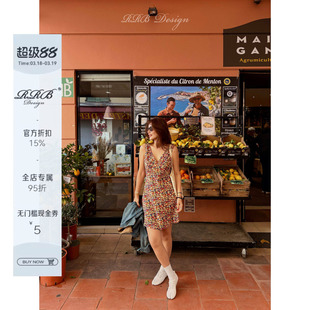 RRB Design 100%桑蚕丝V领修身显瘦收腰系带无袖碎花连衣裙中长裙