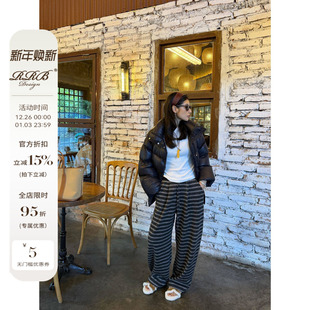 松紧腰系带休闲裤 绵羊毛混纺宽松显瘦撞色条纹阔腿裤 Design RRB