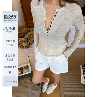 RRB Design 亚麻混纺修身显瘦圆领半排扣长袖针织衫百搭套头上衣