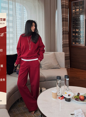 宽松显瘦圆领长袖卫衣松紧腰直筒裤加绒两件套