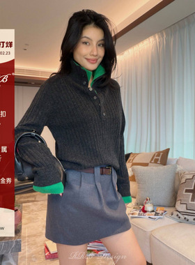 RRB Design 100%绵羊毛假两件撞色拼接POLO领闲软糯亲肤叠穿上衣