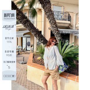 衬衫 100%棉宽松显瘦镂空蕾丝花边系带长袖 气质上衣 Design RRB