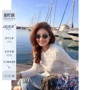 百搭纯色镂空花纹针织开衫 修身 复古显瘦单排扣上衣 Design RRB