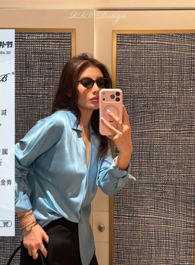 RRB Design 100%桑蚕丝砂洗定染修身显瘦翻领缎面长袖衬衫