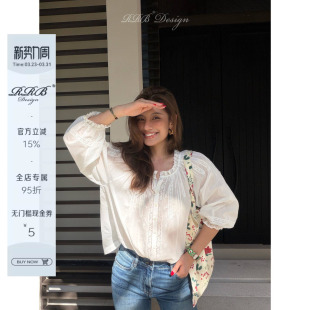 蕾丝设计感泡泡袖 RRB 温柔风刺绣衬衫 100%棉法式 气质上衣 Design
