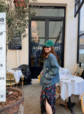 RRB Design 100%棉宽松显瘦拼色翻领破洞设计感时尚牛仔外套