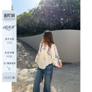 Design 饰衬衫 宽松显瘦民族风刺绣泡泡袖 复古流苏装 上衣 RRB