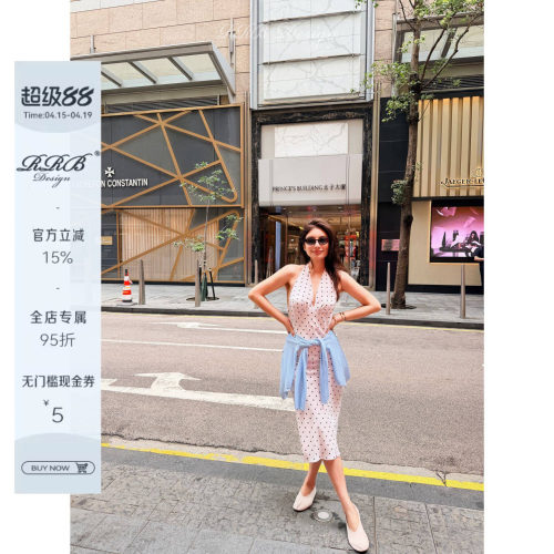 100%桑蚕丝深V挂脖修身连衣裙