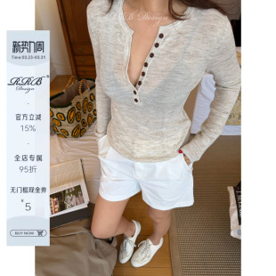 针织衫 RRB 显瘦圆领半排扣长袖 亚麻混纺修身 百搭套头上衣 Design