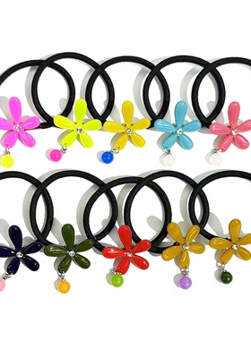韩饰AZ饰品头饰镶钻果冻色彩色五瓣花圆球吊坠发圈女FQ1416